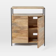 the sideboard is made out of wood and has two open compartments on each side