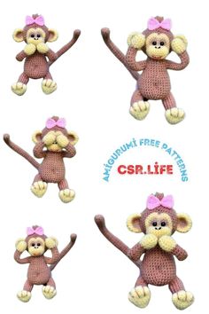 there are four small stuffed animals with pink bows on their heads and hands in the shape of monkeys