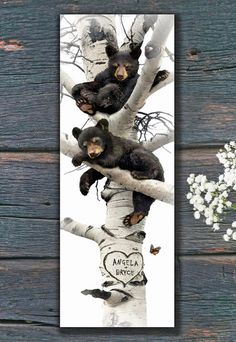 three black bears sitting on top of a tree with white flowers in the foreground