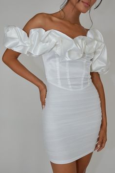 Shop the Arista Off-Shoulder Ruched Mini Dress Off White | Selfie Leslie White Strappy Heels, Selfie Leslie, Yellow Bridesmaid Dresses, Satin Clutch, Yellow Bridesmaids, Ruched Mini Dress, Off Shoulder Fashion, Lace Bodycon Dress, Iron Material