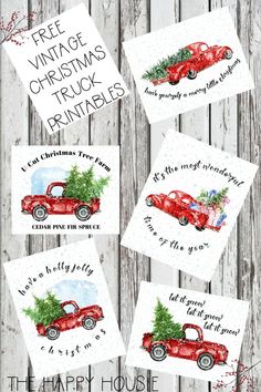 four christmas cards with the words free vintage truck printables and an image of a tree on top