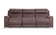 a brown leather reclining sofa with buttons on the armrests and head rest