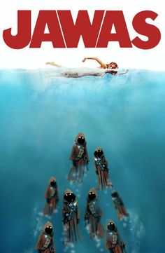 the movie poster for jaws, featuring several people in scuba suits and helmets swimming under water