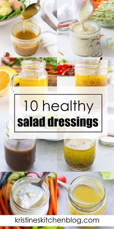 several jars filled with salad dressings on top of a white tablecloth covered in vegetables