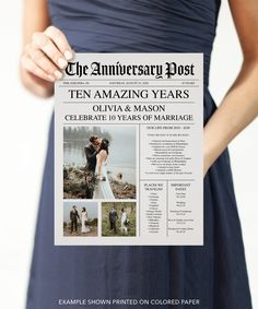 a woman in a blue dress holding up a poster for an anniversary post with pictures on it