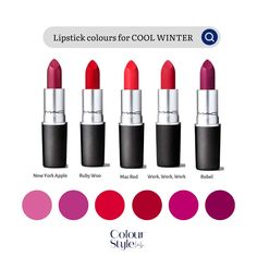 The best lip colours for Cool Winters are blue-based pinks, reds and purples. Avoid warm oranges, yellow-based reds, brown tones and peachy pinks. . . . . . #truewinter #coolwinter #coolwintermakeup #makeup #coolundertone #makeup Lipstick For Cool Winter, Lipstick For Winter Skin Tone, True Winter Makeup Products, True Winter Lipstick Colors, Cool Winter Lipstick Colors