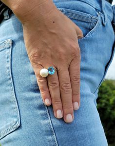 White Gold Blue Topaz and Pearl Ring - Mila Gems Modern Topaz Ring With Gemstone Accents, Elegant Blue Pearl Ring With Gemstone, Faceted Blue Topaz Ring In Fine Jewelry Style, Faceted Blue Topaz Ring, Amethyst And Citrine, Ring Pearl, Blue Topaz Gemstone, Citrine Stone, Blue Topaz Ring