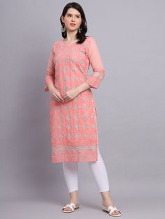 Shevano lifestyle Indian Handmade Chikankari kurti for Women, Georgette Lucknowi Chikankari Kurti, Embroidered Ethnic Wear Kurti Fabric: The Chikankari Kurti is made of Premium Quality Soft Georgette Fabric. Kurti comes with a Matching Crepe inner with 3/4 Sleeves. Style: Georgette Chikankari Kurti is made in Straight style in beautiful shades available in 3 deferent color options. The Kurti has beautiful Hand Embroidery Chikankari Motifs in front. Occasion: Style up your day with this beautiful Chikankari Kurti Georgette for Casual wear or any Ethnic Day. You Can try this Kurti with Denims/Jeans for perfect casual college day or Boho Look. Team up the Lucknowi Chikankari Kurti with Pants or leggings for perfect Ethnic attire. Care instruction: It's best to hand wash the Chikankari Kurti. Eid Cutwork Straight Kurta, Pink Georgette Kurta With Self Design, Pink Self Design Georgette Kurta, Pink Self-design Georgette Kurta, Pink Chikankari Embroidered Kurta For Diwali, Bollywood Style Cutwork Kurta For Navratri, Diwali Georgette Kurta With Chikankari Embroidery, Cutwork Straight Kurta For Navratri, Straight Kurta With Cutwork For Navratri