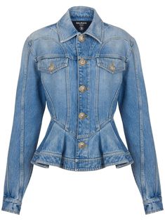 blue cotton denim logo-engraved buttons pleat detailing classic collar long sleeves buttoned cuffs front button fastening two chest flap pockets ruffle hem Ruffled Denim Jacket, Balmain Jacket, Moda Denim, Denim Outfits, Ruffle Jacket, All Jeans, Peplum Jacket, Blazer Jeans, Trendy Swimwear