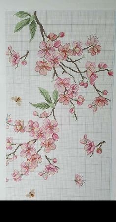 a cross stitch pattern with pink flowers and green leaves