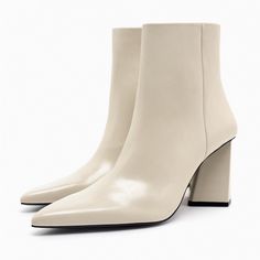 Nwt. Zara Cream Triangular Heeled Ankle Boots With Patent Effect Finish. Triangular Shaped Black Heel. Pointed Toe. Side Zip Closure. Heel Height: 2.8 Inches (7 Cm) Airfit. Flexible Technical Sole Made Of Latex Foam Designed To Offer Increased Comfort. Size 7,5. Ref. 1106/110. Sh10 Winter Boots With Wrapped Heel And Pointed Toe, Spring Ankle Martin Boots With Padded Ankle, Winter Heeled Boots With Wrapped Heel And Pointed Toe, Chic Mid-calf Boots With Padded Ankle And Pointed Toe, Chic Mid-calf Boots With Pointed Toe And Padded Ankle, Spring Martin Ankle Boots With Reinforced Heel, Spring Ankle Martin Boots With Reinforced Heel, Spring High Heel Mid-calf Boots With Padded Ankle, Chic Pointed Toe Spring Booties