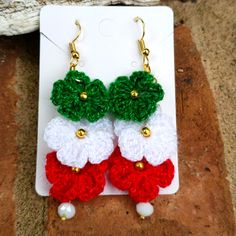 crocheted christmas earrings with bells and pearls