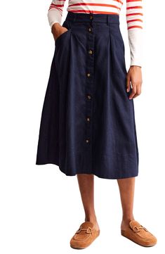 Contrasting buttons down the front play up the casual charm of this lightweight linen midi skirt. Front button closure Front slant pockets 100% linen Machine wash, line dry Imported Linen Midi Skirt, Midi Skirt, Button Downs, Nordstrom, Skirt, Navy