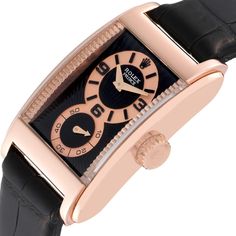 Rolex Cellini Prince Rose Gold Black Dial Leather Strap Mens Watch 5442. Manual winding movement. 18k Everose gold case 28.0 x 47.0 mm. Rolex logo on crown. Exhibition transparent sapphire crystal caseback. . Scratch resistant sapphire crystal. Black and rose gold dial with double "Rayon Flamme De La Gloire" guilloche. Small seconds subdial at 6 o'clock. Black leather strap with 18k rose gold double deployant clasp. Luxury Chronograph Diamond Watch For Business, Luxury Business Chronograph Diamond Watch, Luxury Business Diamond Watch With Chronometer, Luxury Formal Watch Bands With Subdials, Luxury Leather Watch Bands With Diamond Hour Markers, Luxury Watch Bands With Subdials For Formal Occasions, Luxury Diamond Watch With Chronometer, Luxury Automatic Diamond Watch For Business, Luxury Black Diamond Watch With Skeleton Dial