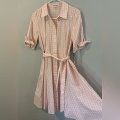 Brand New With Tags. Pink And White Cotton Checkerboard Print Dress With Waist Tie Belt And Flared Skirt. Collared Dress, Flared Skirt, Collar Dress, Tie Belt, Flare Skirt, Waist Tie, Pink And White, White Cotton, Pink White