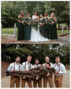 the bride and groom are posing for pictures with their wedding party