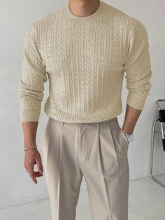 Khaki Casual Collar Long Sleeve Fabric Plain Pullovers Embellished Slight Stretch  Men Clothing Tan Mens Outfits, White Cable Knit Sweater Outfit Men, Sweater Outfits Men, Cable Knit Turtleneck Sweater, Stylish Men Casual, Fits Men, Style Japonais, Winter Outfits Men, Mens Fashion Casual Outfits