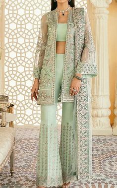 Mint Green Organza Suit -  Pakistani Chiffon Dresses Chiffon Wedding Sets For Summer, Summer Chiffon Wedding Sets, Green Chiffon Summer Sets, Fitted Green Chiffon Sets, Sheer Georgette Dress For Eid, Unstitched Chiffon Sets For Summer, Festive Sheer Georgette Dresses, Sheer Chiffon Dress For Eid, Summer Chiffon Dresses With Sheer Dupatta