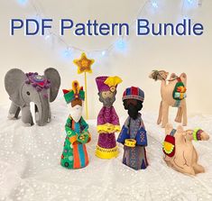 several stuffed animals are displayed in front of a sign that says pddf pattern bundle