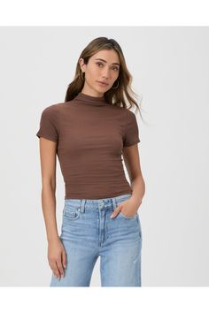 This slim short sleeve top is made from our supremely soft ribbed modal fabrication and features a mock neck silhouette. Well be wearing this easy, casual brown top with everything from denim to joggers. Brown Top, Short Sleeve Top, Mock Neck, Short Sleeves Tops, Sleeve Top, Knitwear, Fabric, How To Wear, Clothes