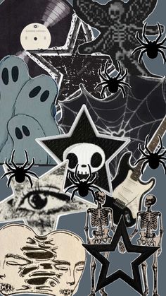 a collage of halloween stickers with skulls, stars and other things in the background