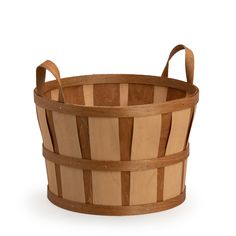 a wooden basket with handles on an isolated white background