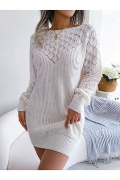 This openwork boat neck sweater dress is the perfect addition to any woman's wardrobe. Made from high-quality materials, this dress is both comfortable and stylish. Its boat neck design adds a touch of elegance, making it suitable for any occasion. Upgrade your fashion game with this versatile and trendy women's dress. Features: Openwork Stretch: Moderate stretch Material composition: 100% acrylic Care instructions: Machine wash cold. Tumble dry low. Imported Product measurements:S:Bust 41.34 in Winter Long Sleeve Hollow Out Dress, Winter Knit Sweater With Hollow Out Design, Winter Knit Sweater With Hollow-out Details, Winter Hollow-out Knit Sweater, Open Knit Long Sleeve Sweater Dress, Long Sleeve Pointelle Knit Sweater Dress, Long Sleeve Pointelle Knit Dress, Chic Long Sleeve Crochet Knit Dress, Winter Open Knit Dress