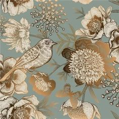 a bird sitting on top of a flower covered wallpaper with lots of flowers and leaves