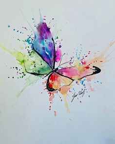 a painting of a colorful butterfly on a white background with watercolor splatters