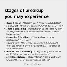 a poster with the words stages of break up you may experience on it's back