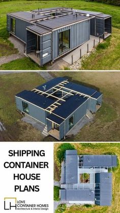 an aerial view of a house being built in the middle of two pictures, one is blue