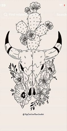 a cow skull with flowers and plants on it's head is shown in black and white