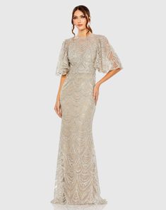 Flutter Sleeve High Neck Gown Destination Wedding Guest Dress, Fall Formal Dresses, Champagne Gown, High Neck Gown, Gown Long Sleeve, Embellished Fabric, Designer Formal Dresses, Modest Evening Dress, Mac Duggal Dresses