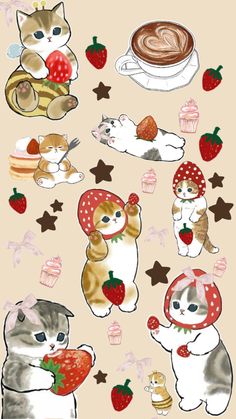 some cats are eating strawberries and drinking coffee