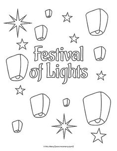 the festival of lights coloring page is shown in black and white with stars around it