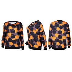 Winter Printed Round Neck Long Sleeve Outwear Pullover Orange Long Sleeve Tops With Graphic Print, Orange Relaxed Fit Long Sleeve Sweater, Orange Sweater With Relaxed Fit And Long Sleeves, Orange Long Sleeve Top With Graphic Print, Orange Crew Neck Top For Winter, Orange Crew Neck Top For Fall, Winter Print, Ladies Golf, Clothing Co