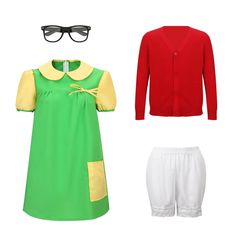 three pieces of clothing including a green dress, red cardigan and white shorts with yellow accents