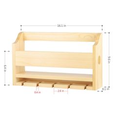 a wooden shelf with three compartments and measurements