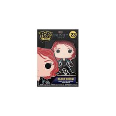 the black widow pop vinyl figure is shown in front of a white background and has red hair