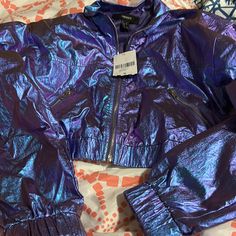 Small Purple Green Light Jacket Brand Forever 21 Also Some Blue Mixed In Trendy Purple Outerwear, Hot Pink Denim, Red And Black Jacket, Khaki Blazer, Distressed Jacket, Houndstooth Jacket, Purple Jacket, Polyester Jacket, Clothes Aesthetic