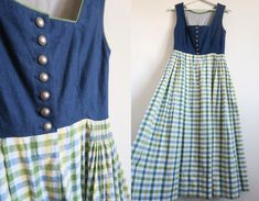 "Vintage homemade Austrian/German folk dress. Traditional sleeveless style with fitted bodice and full pleated skirt. Metal buttons down the bodice front. The bodice is blue linen-like fabric, the skirt is cotton with checks and heart weave in light blue, green, yellow and white. Green trim along the bodice edges. Gray cotton or blend lining on the bodice. Hand made traditional micro-pleating on the skirt. Midi length. Got one pocket. Estimated size XS to smaller S. Please check the measurements: armpit  ~ 84 cm  /  ~ 33 \"  waist  ~ 68 m  /  ~  26 \"  length  ~ 121 cm  / ~  47.5 \"  The skirt has a rather wide hemming. You can release it and get some extra length of approximately 11 cm / 4 \" In good vintage condition with some yellow marks here and there in the skirt and some dust along Sleeveless Peasant Cotton Dress, Sleeveless Gingham Dress With Buttons, German Folk, Folk Dress, Dress Traditional, Folk Dresses, Skirt Midi, Light Blue Green, Pinafore Dress