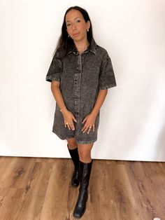 Short sleeve denim oversized shirt dress Light grey Hidden buttons If between sizes, size down Both models shown wearing size small Materials may have natural variations Colors may vary from different viewing devices Short Sleeve Denim Shirt, Short Sleeve Denim, Oversized Shirt Dress, Denim Shirt Dress, Shoe Gifts, Gift Accessories, Oversized Shirt, Denim Shirt, Set Dress