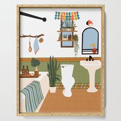 a bathroom scene with focus on the toilet, sink and mirror framed in wood frame