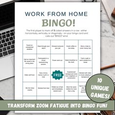 a poster with the words work from home bingo on it and an image of a laptop