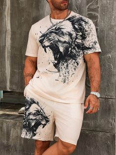 Plus Size Men's Animal Print Round Neck Short Sleeve T-Shirt And Pocket Shorts Casual 2pcs/Set Multicolor Casual  Short Sleeve Fabric Animal,Plain  Medium Stretch  Men Plus Size Clothing, size features are:Bust: ,Length: ,Sleeve Length: Casual Printed Crew Neck Set, Casual Printed Set With Crew Neck, Summer Printed Sets With Crew Neck, Men Plus Size, Womens Sweatpants, Men's Knit, Mens Crew Neck, Casual Hoodie, Hip Hop Fashion