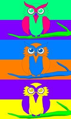 three owls sitting on top of each other in front of a blue and green background