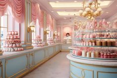 the interior of a fancy pastry shop with pink and gold decorations on shelves, chandeliers and windows