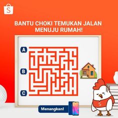 a chicken is looking at a maze in front of a red background with the words bantu choi temukan jaan menu