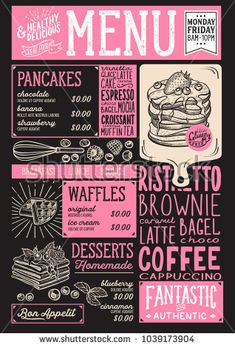 the menu for a cafe on a blackboard with pink and white graphics, including pancakes