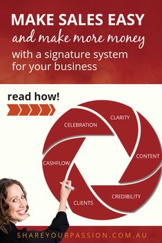 a woman writing on a red and white background with the words make sales easy and make more money for your business